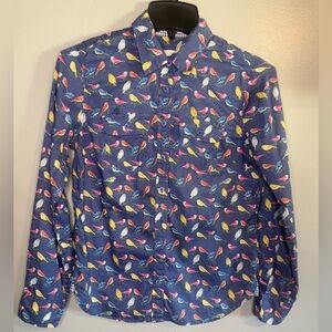 Talbots Blue Button-Front Shirt with Colorful Bird Print Roll tab sleeves PXS